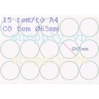 Giấy decal A4 15 tem tròn Ø 65mm
