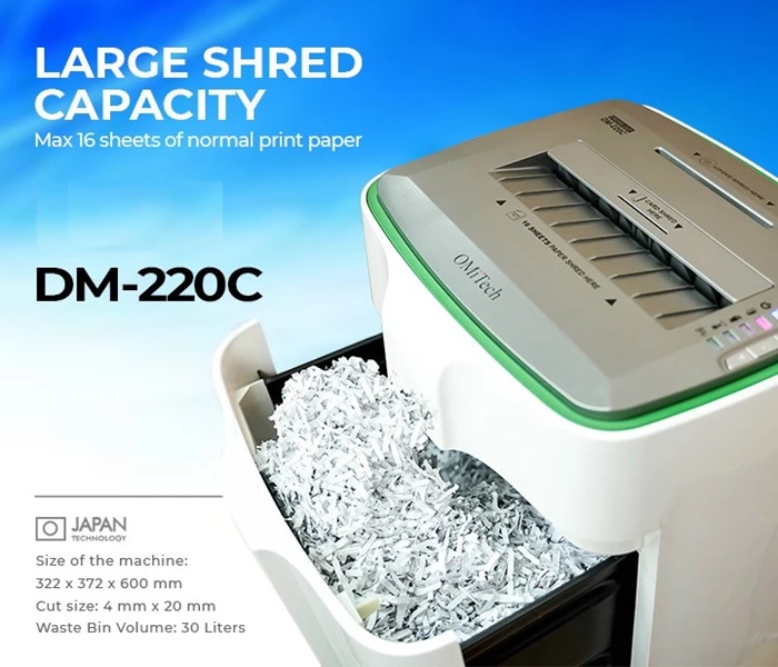 DM-220C tiêu hủy giấy văn phòng đính ghim bấm và ghim kẹp, thẻ nhựa, thẻ ngân hàng (thẻ ATM, thẻ tín dụng), đĩa CD/DVC, thẻ bài (tag, voucher)...