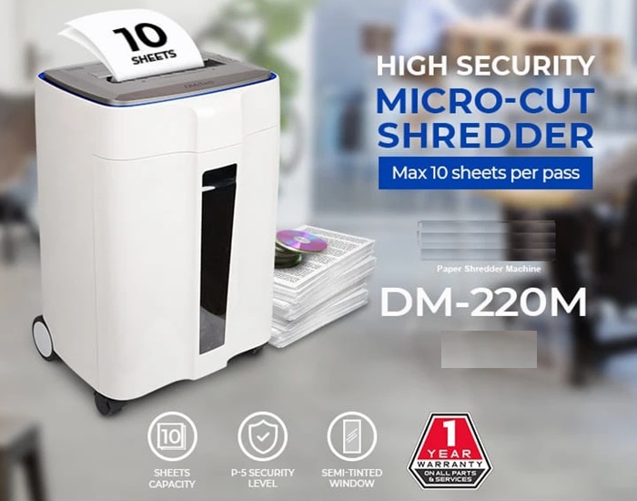 DM-220M đạt công suất tiêu hủy 10 tờ/lần, kích thước mảnh vụ 2mm x 10mm (P-5, siêu vụn)