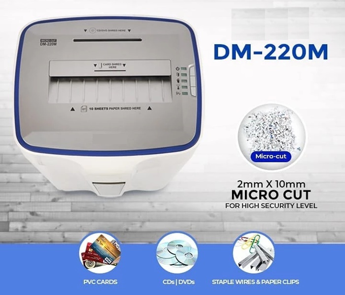 DM-220M tiêu hủy giấy văn phòng đính ghim bấm và ghim kẹp, thẻ nhựa, thẻ ngân hàng (thẻ ATM, thẻ tín dụng), đĩa CD/DVC, thẻ bài (tag, voucher)...