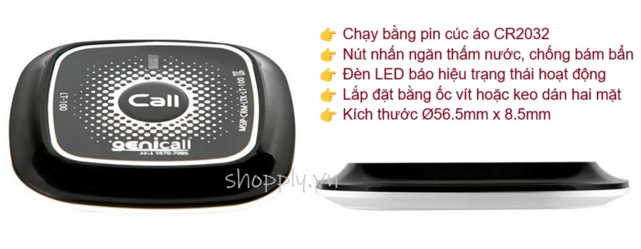 Genicall LT-100 chạy bằng pin cúc áo CR2032, nút nhấn cảm ứng chống thấm nước, đèn LED báo hiệu trạng thái hoạt động...