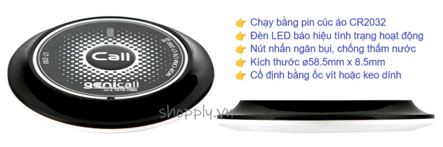 Genicall LT-200 chạy bằng pin cúc áo CR2032, nút nhấn cảm ứng chống thấm nước, đèn LED báo hiệu trạng thái hoạt động...